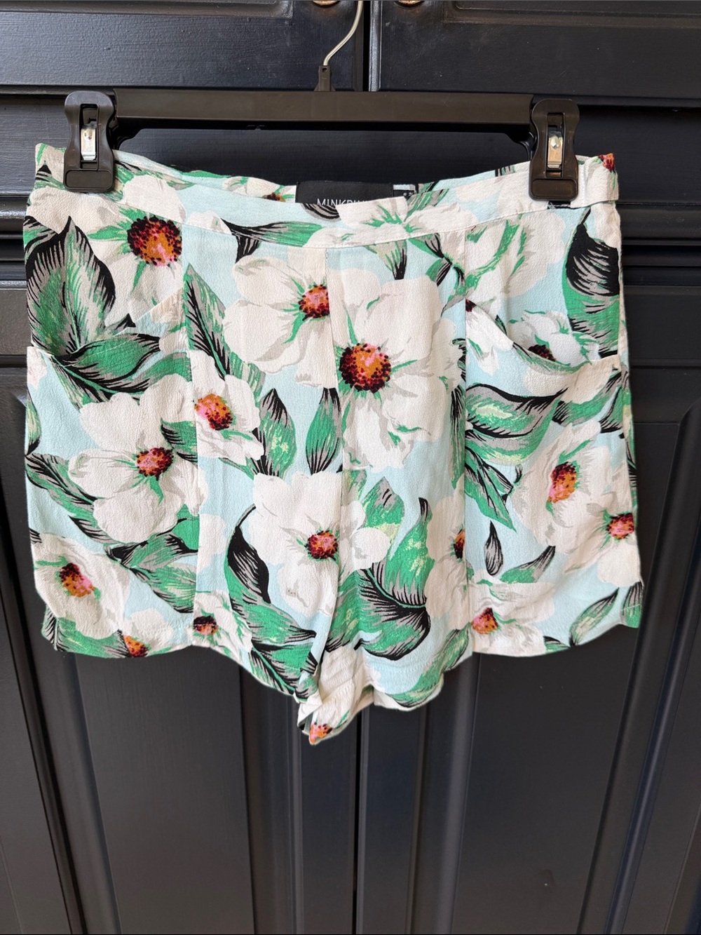 MINKPINK White Floral High Waist Shorts with Mint Green Leaves